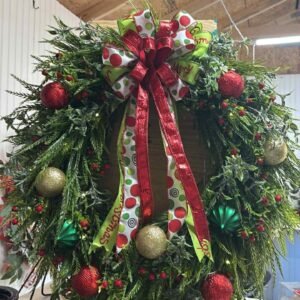 This Christmas lighted beaded grass wreath